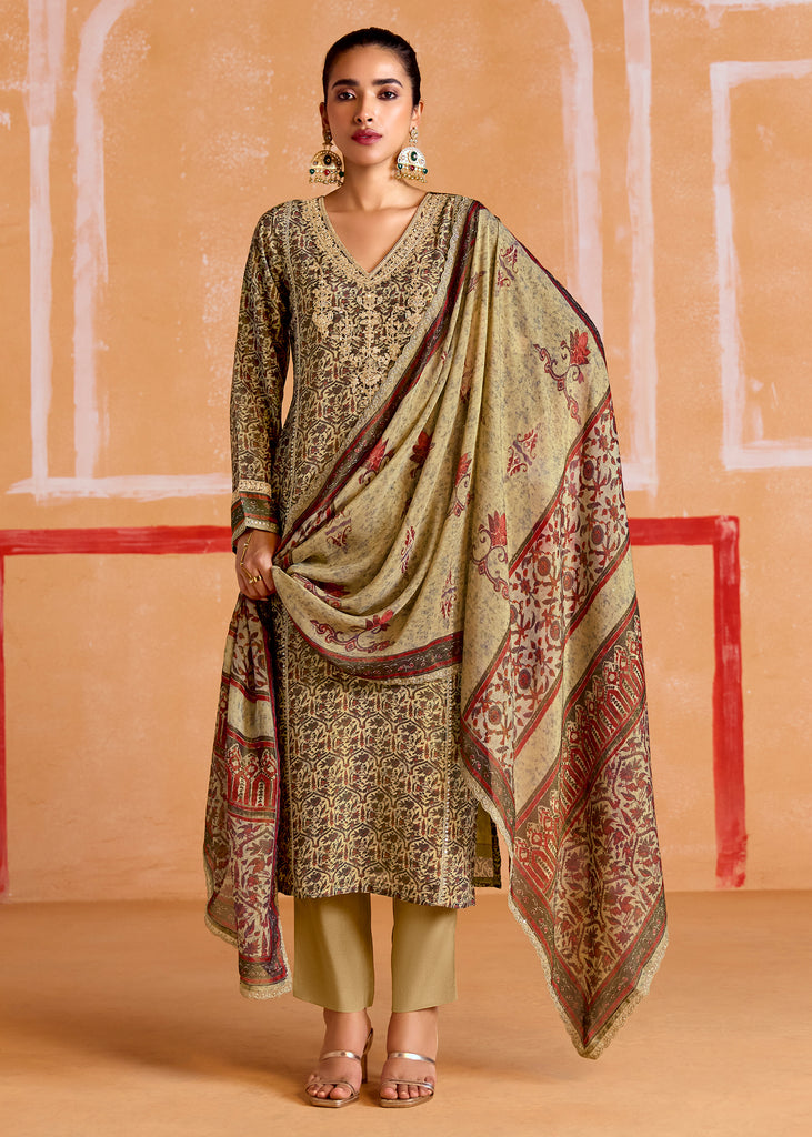 Safari Beige Embroidered Suit Set With Digital Print