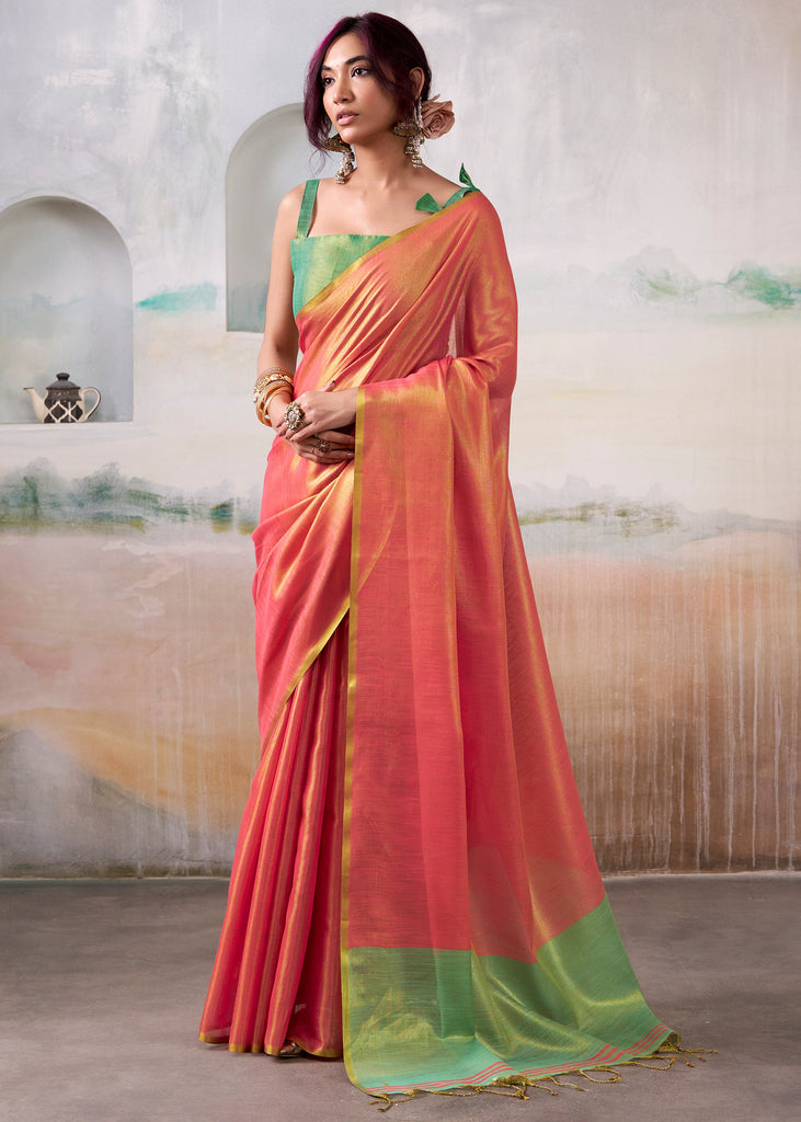 Sunset Orange Woven Tissue Silk Saree