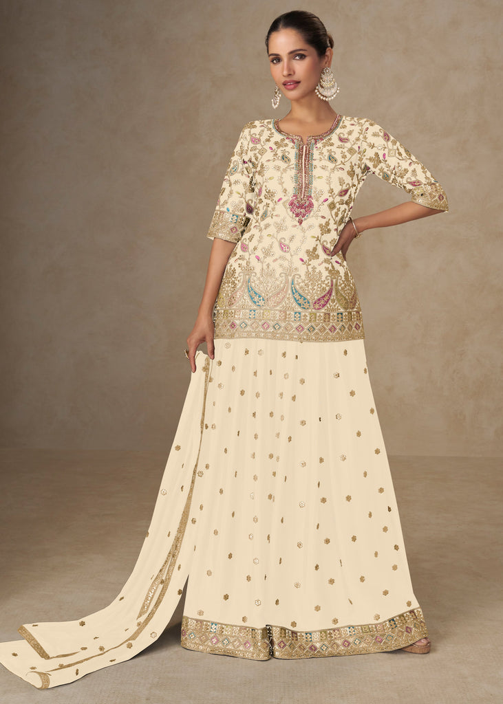 Off White Embroidered Plazzo Set