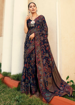 Patriot Blue Printed Georgette Silk Saree