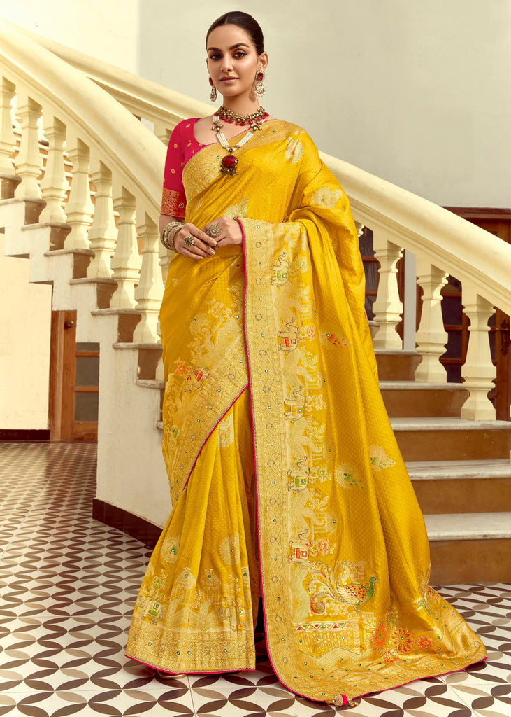 Festive Yellow Woven Banarasi Designer Silk Saree With Contrast Blouse