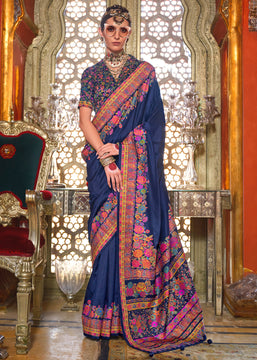 Navy Blue Printed Kashmiri Jamewar Saree