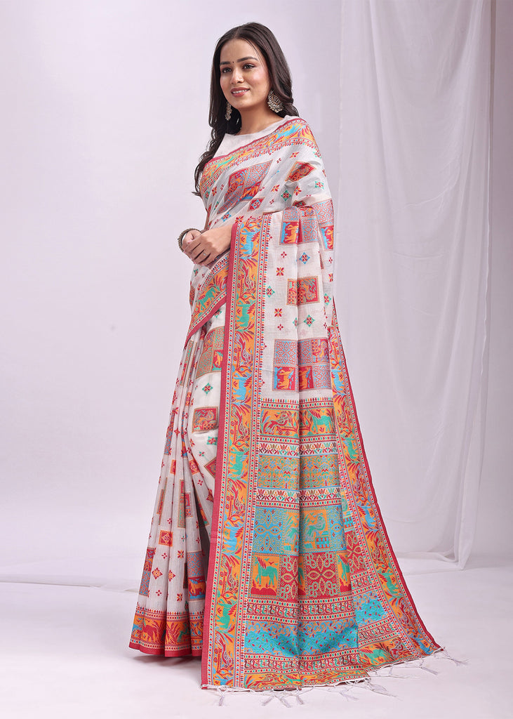 Snow White Woven Linen Cotton Saree