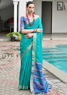 Blue Woven Silk Saree With Patola Pallu