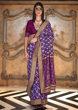 Iris Blue Printed Patola Silk Saree