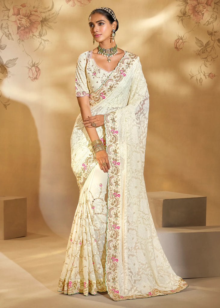 Pearl White Embroidered Georgette Silk Saree