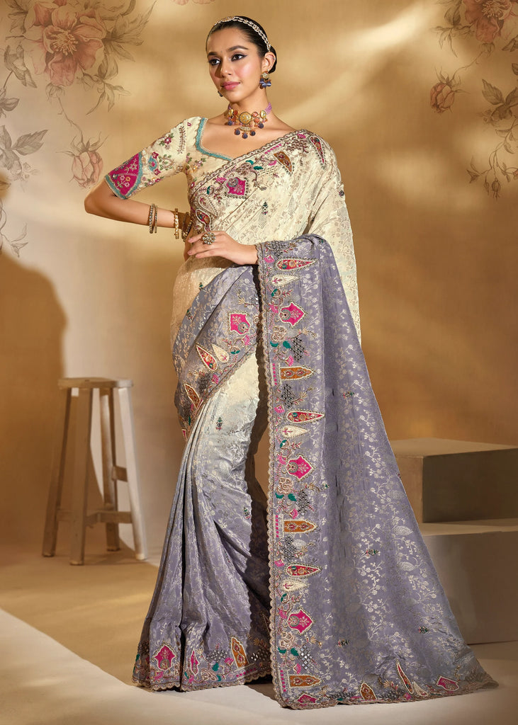 Elegant Cream & Grey Designer Embroidered Crape Silk Saree