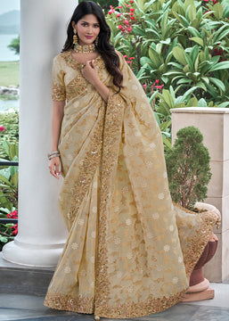 Off White Heavy Embroidered Designer Silk Saree (10580180140225)