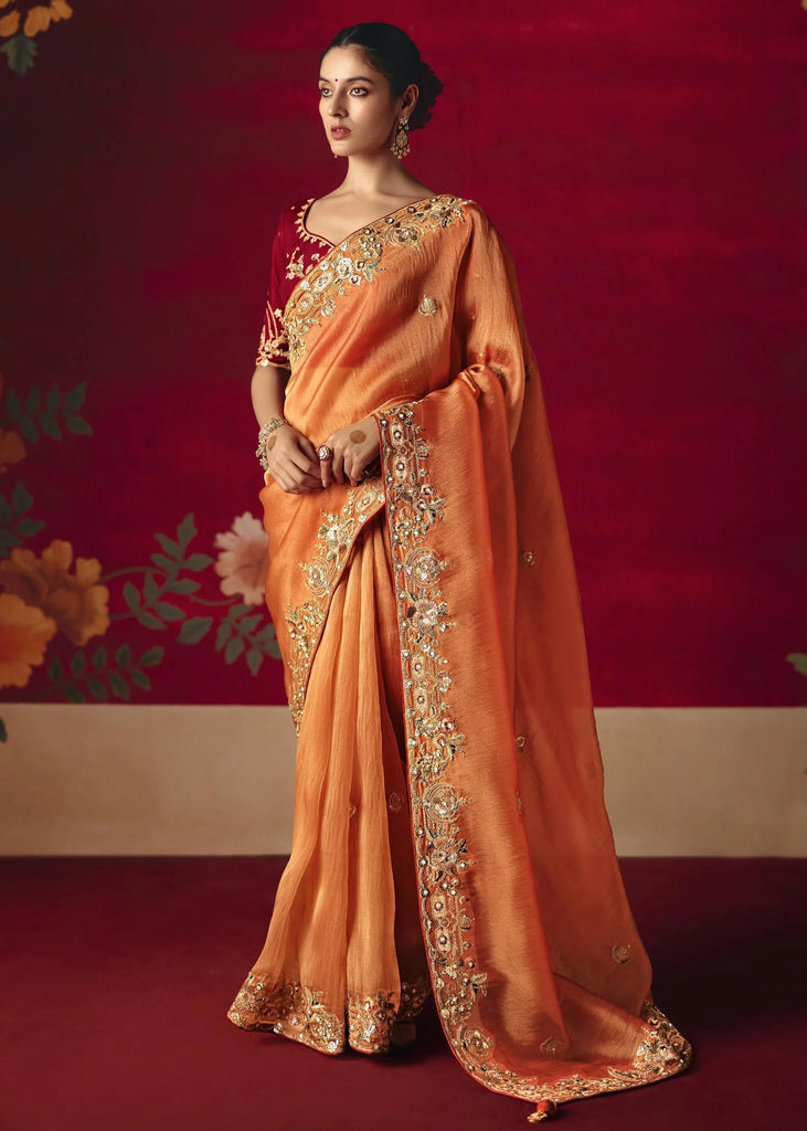 Sunrise Orange Designer Embroidered Saree