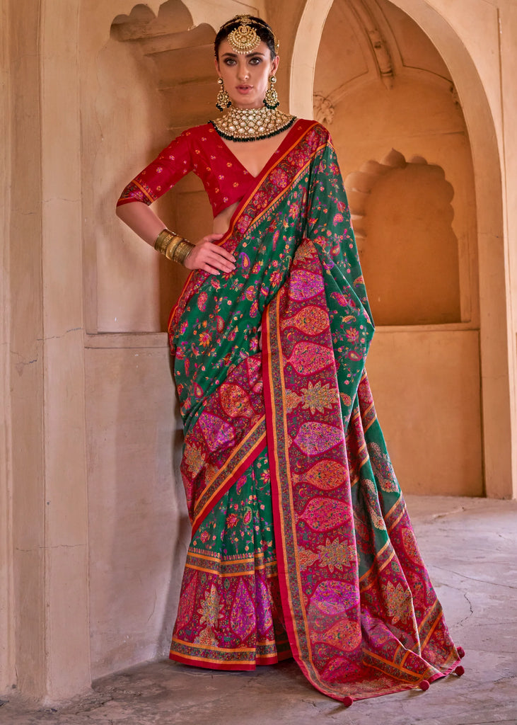 Hunter Green Printed Kashmiri Jamewar Saree