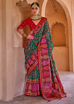 Hunter Green Printed Kashmiri Jamewar Saree
