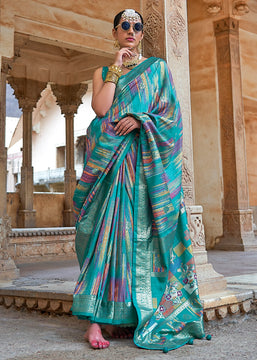 Teal Blue Printed Soft Silk Saree