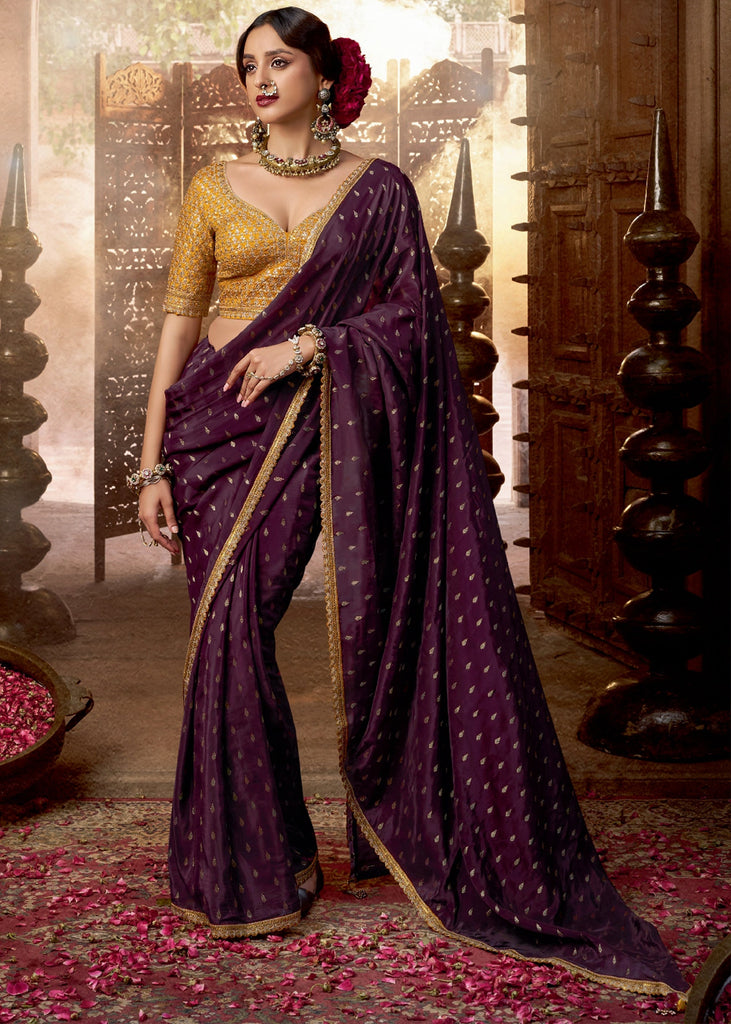 “Exclusive Offer” : Royal Maroon Woven Designer Embroidered Silk Saree With Contrast Blouse