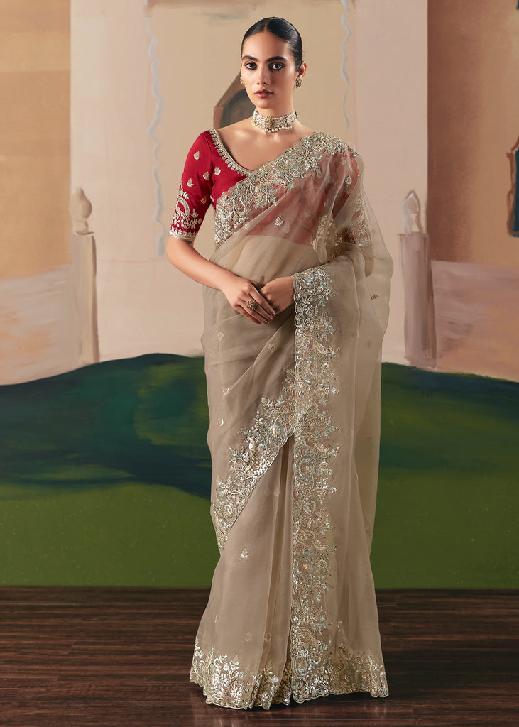 Beige Embroidered Designer Silk Saree