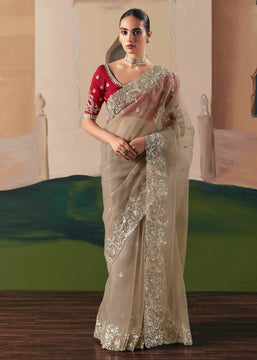 Beige Embroidered Designer Silk Saree