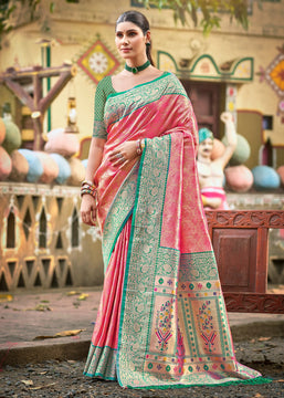 Salmon Pink Woven Kanjivaram Silk Saree