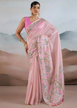 Baby Pink Woven Tissue Silk Saree