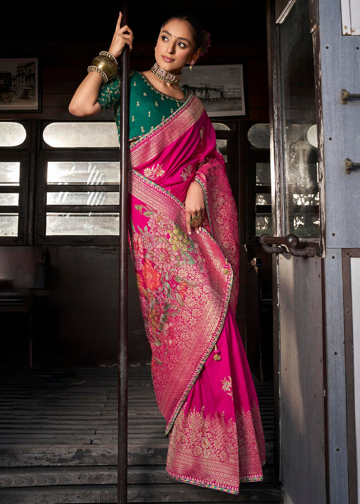 "Exclusive Offer" : Princess Pink Woven Embroidered Banarasi Silk Saree