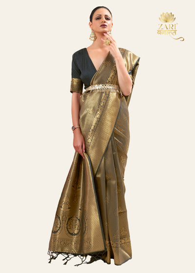 IMPERIAL GOLDEN BLACK WOVEN KANJIVARAM SAREE (6920118993089)