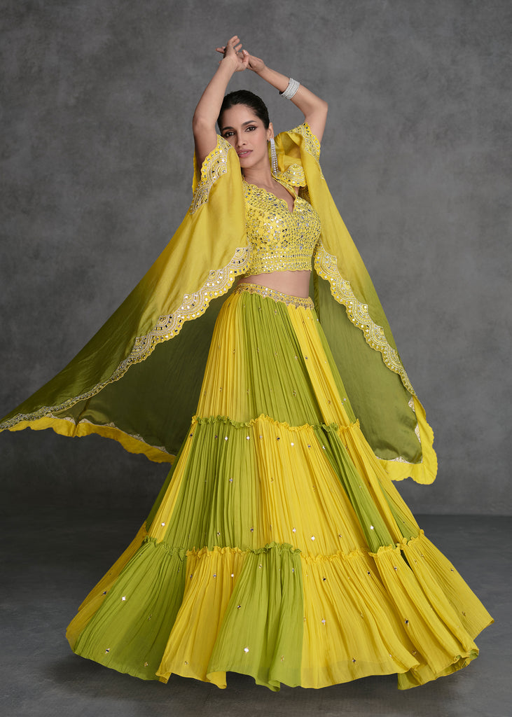 Yellow And Green Party Wear Lehenga With Jacket