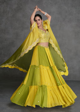 Yellow And Green Party Wear Lehenga With Jacket