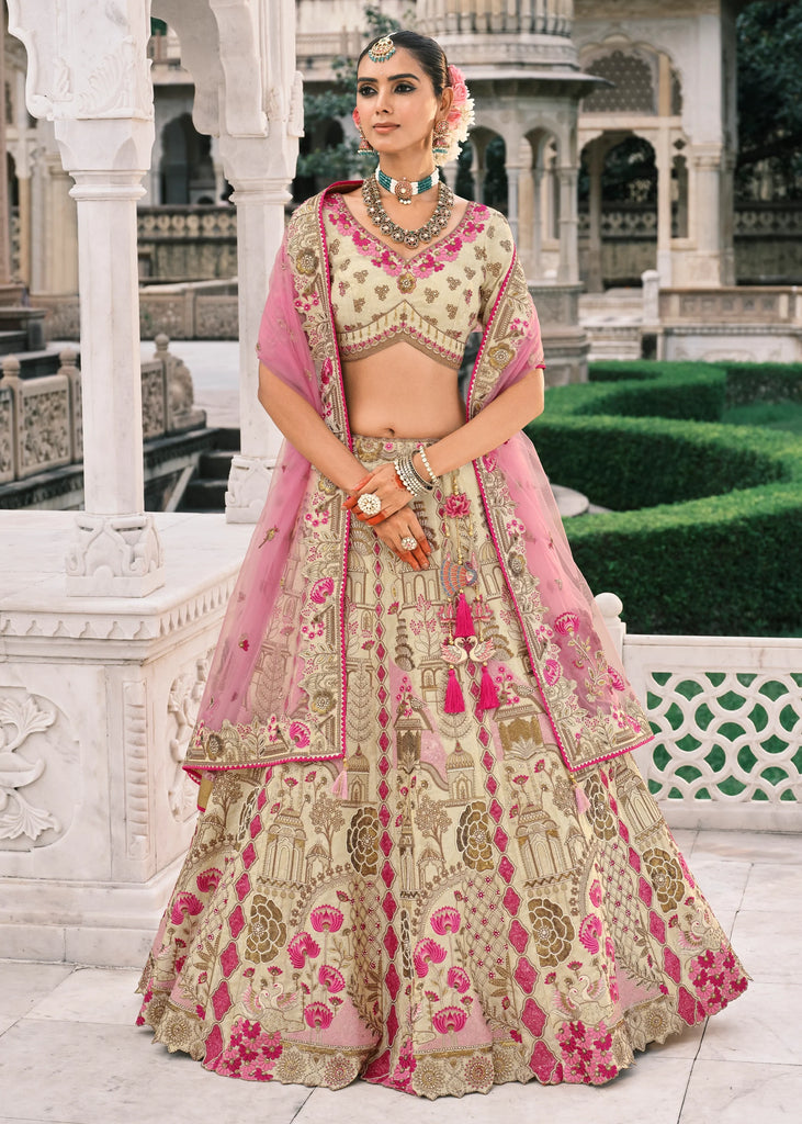 Off White & Pink Heavy Embroidered Designer Lehenga