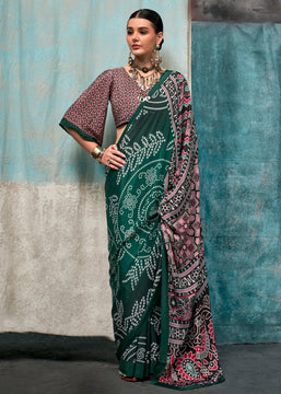 Hunter Green Satin Crepe Printed Silk Saree