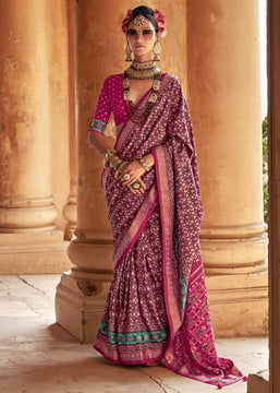 Wine Purple Printed Patola Silk Saree