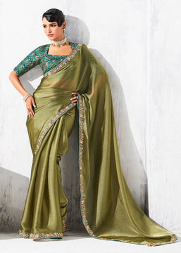 Olive Green Embroidered Designer Silk Saree