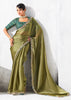 Olive Green Embroidered Designer Silk Saree