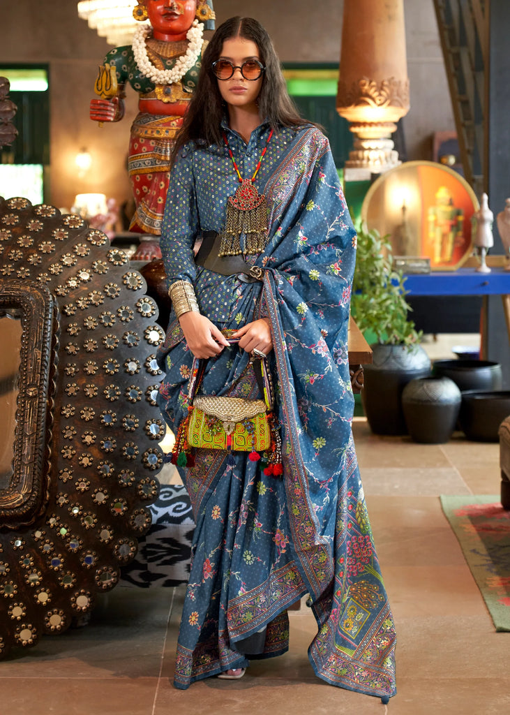 Heaven Blue Printed Soft Silk Saree