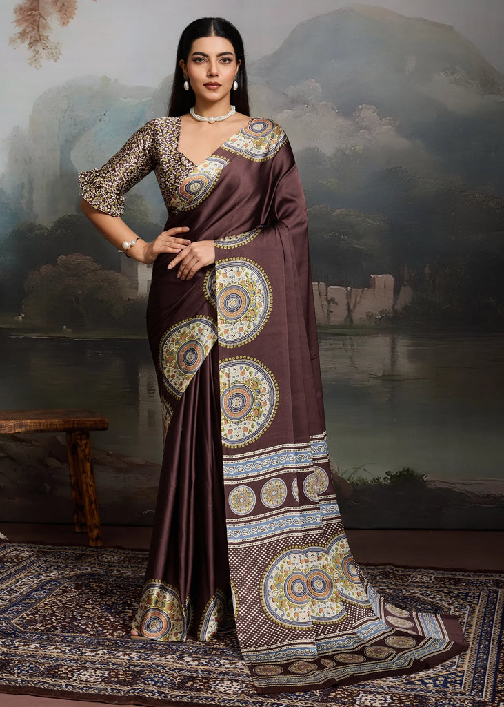 Chocolate Brown Printed Satin Silk Saree