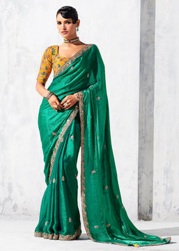 Alpine Green Embroidered Designer Silk Saree