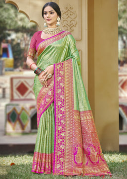 Lime Green Woven Kanjivaram Silk Saree