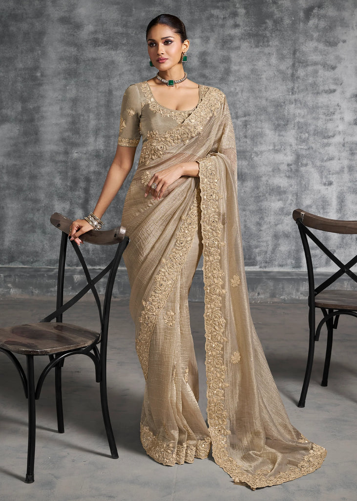 Sand Beige Embroidered Tissue Silk Saree