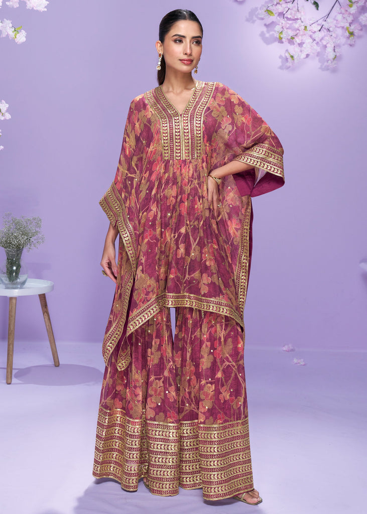 Dry Rose Purple Georgette Kaftaan Sharara Set