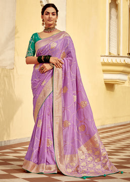 Lavender Purple Woven Banarasi Designer Silk Saree With Embroidered Blouse