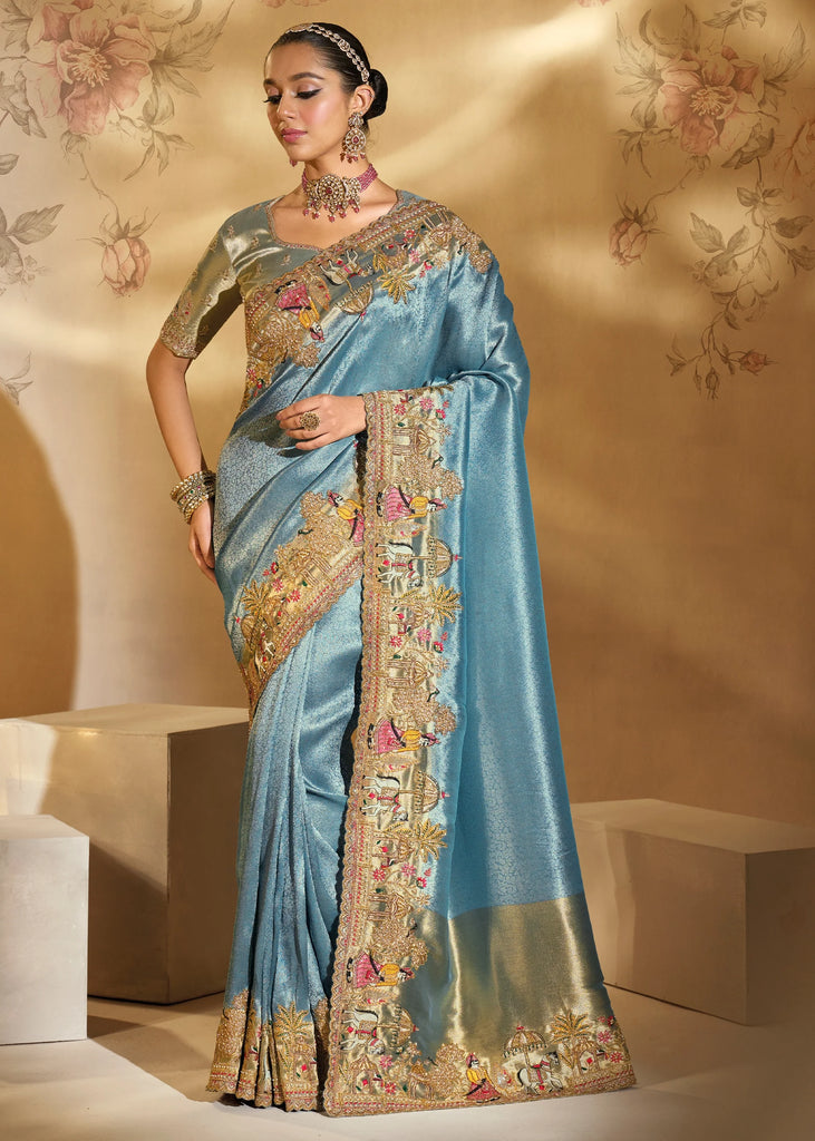 Heritage Blue Designer Embroidered Silk Saree