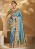 Heritage Blue Designer Embroidered Silk Saree