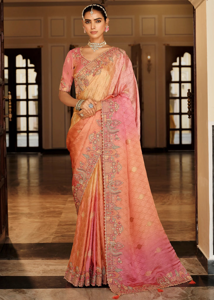 Peach & Pink Designer Embroidered Silk Saree
