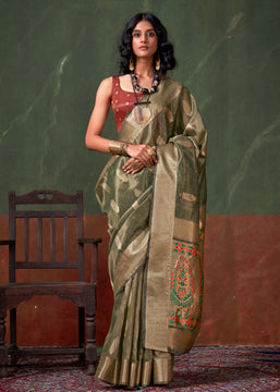 Olive Green Woven Paithani Tissue Silk Saree