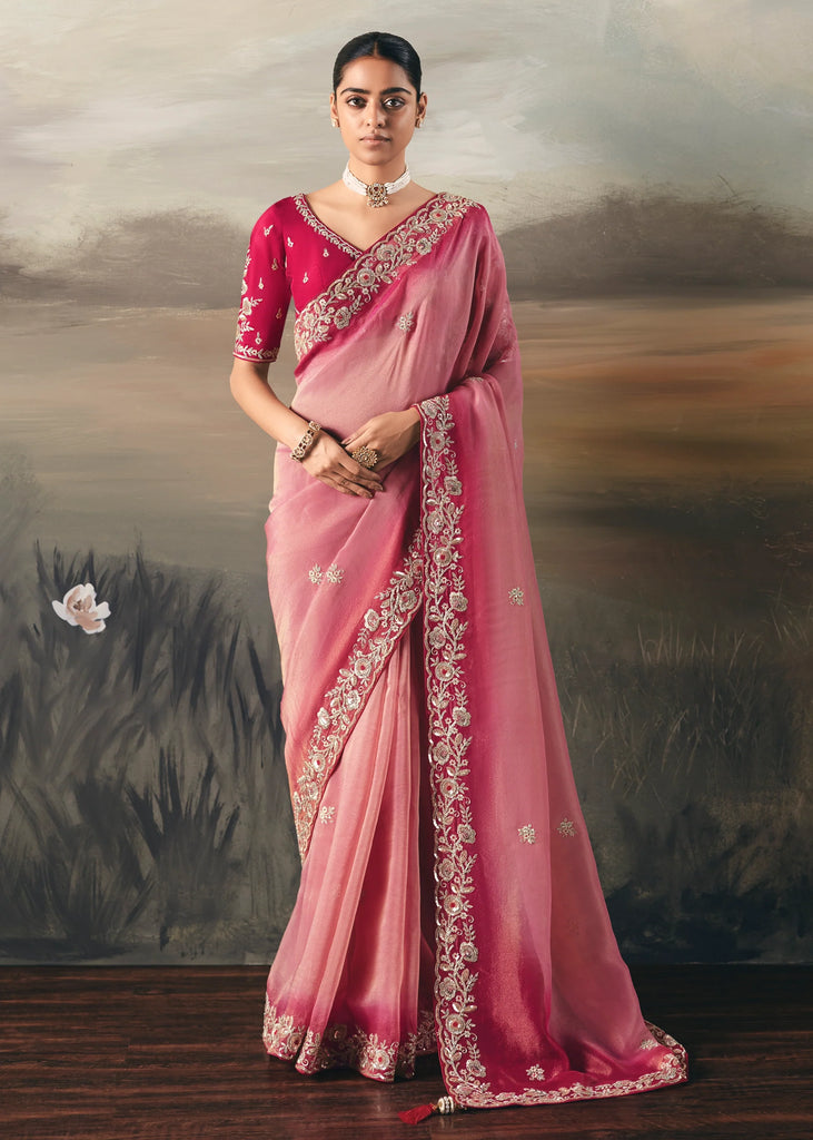 Shades Of Pink Tissue Embroidered Wedding Wear Saree