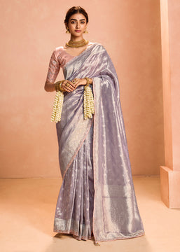 Lavender Blue Woven Banarasi Designer Tissue Silk Saree With Embroidered Blouse