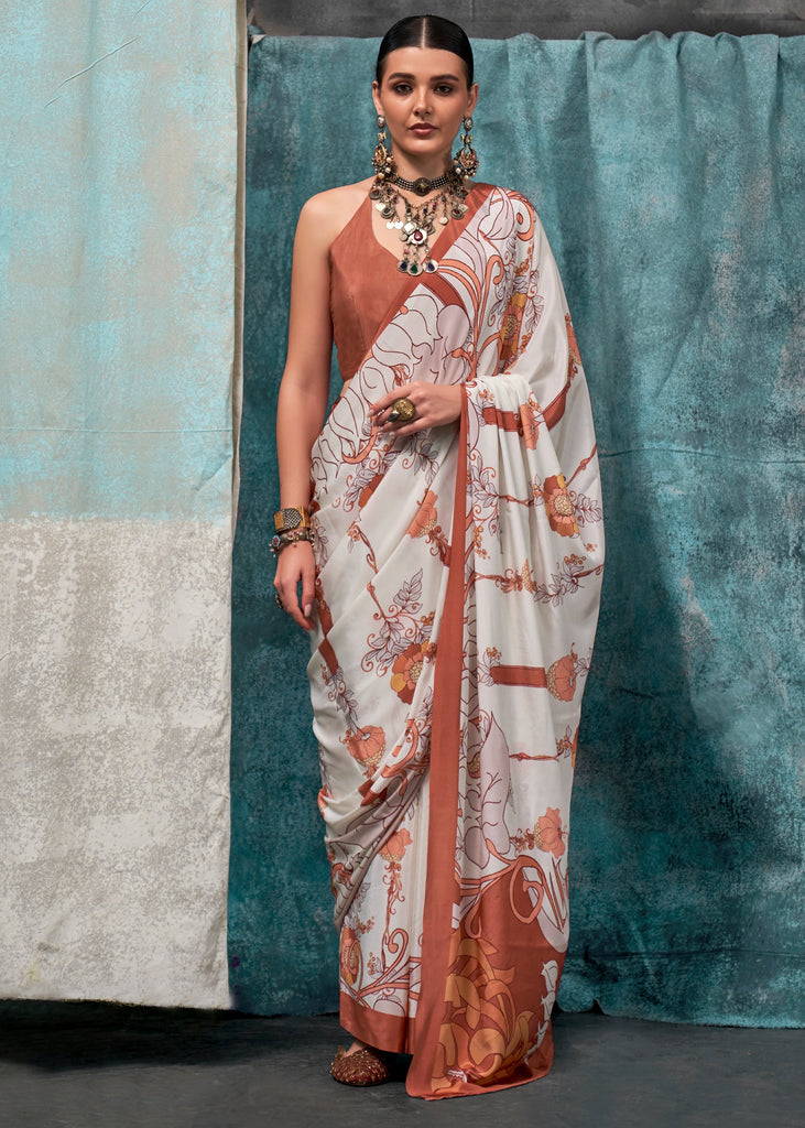 White And Brown Satin Crepe Printed Silk Saree