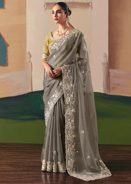 Taupe Grey Embroidered Designer Silk Saree
