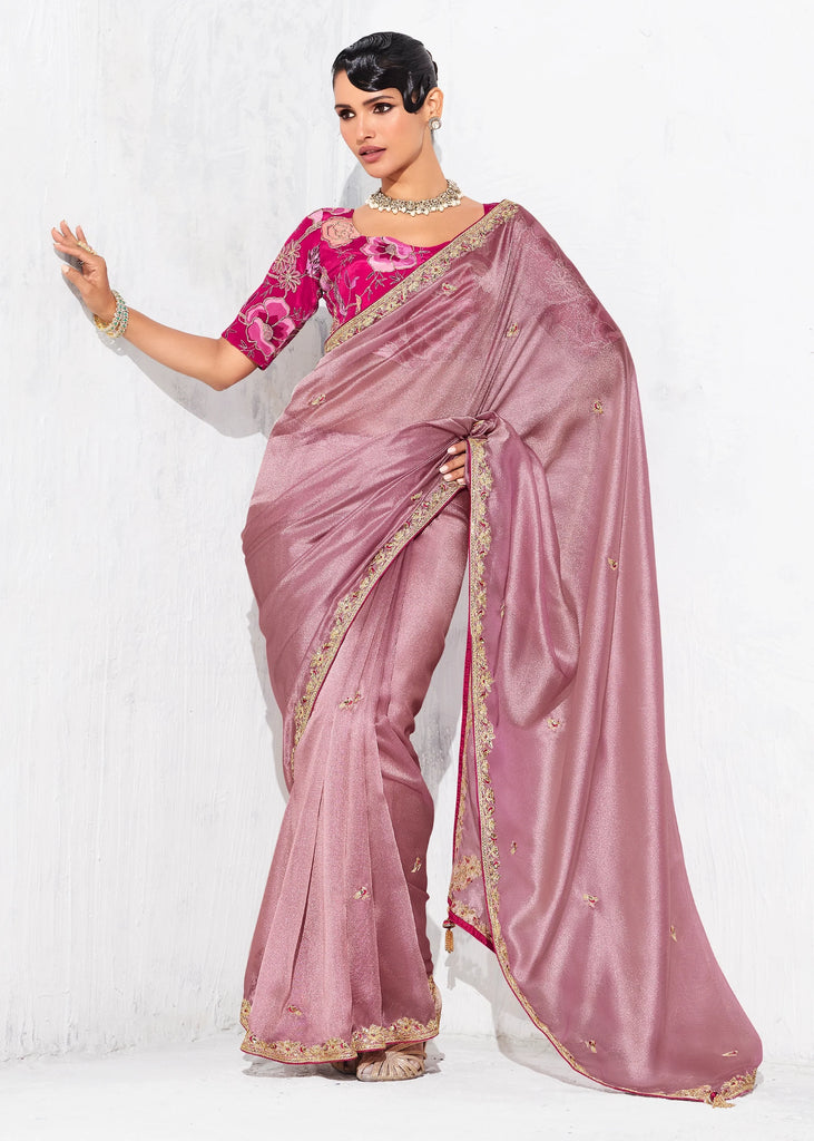Elegant Mauve Embroidered Designer Silk Saree