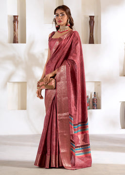 Dusky Red Banarasi Printed Soft Silk Saree