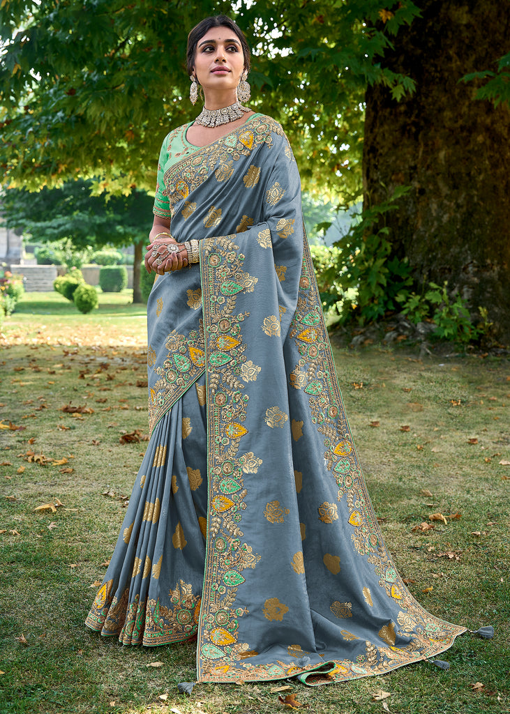 Allure Blue Woven Banarasi Designer Silk Saree With Embroidered Blouse