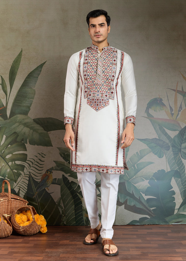 Snow White Embroidered Stitched Kurta Set