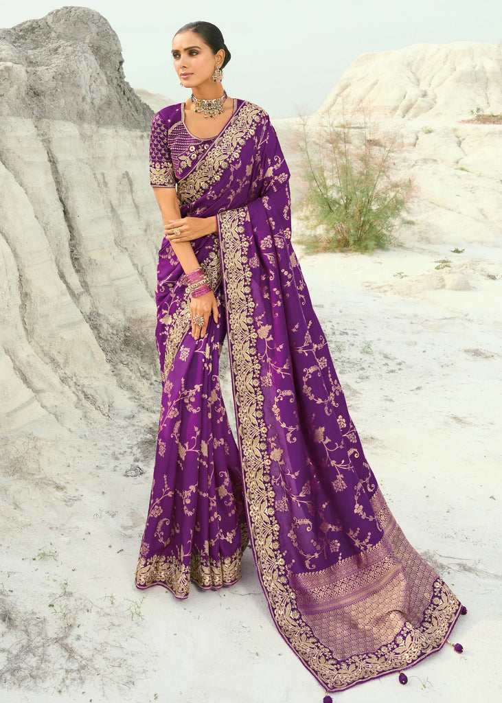 Purple Woven Banarasi Embroidered Soft SIlk Saree